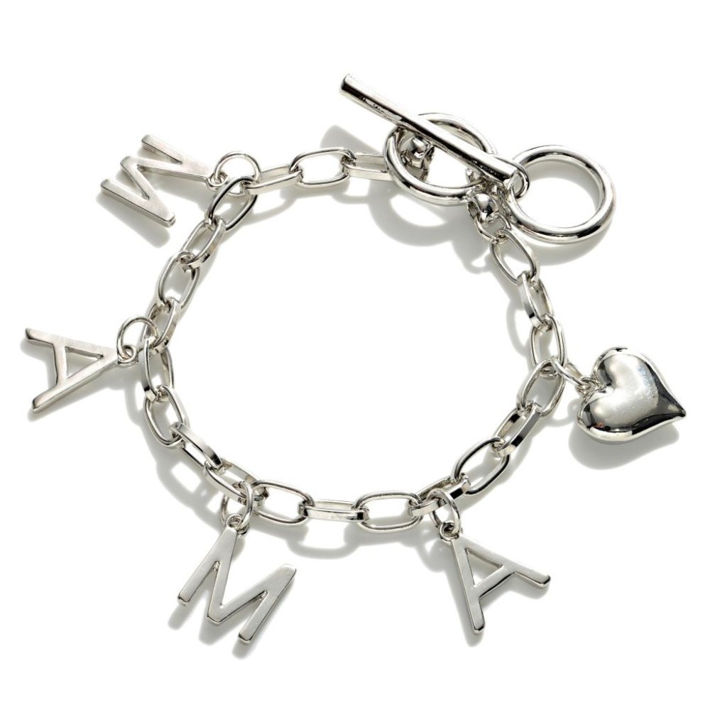 Metal Chain Link Bracelet Featuring 'MAMA' Letters and Heart Charm